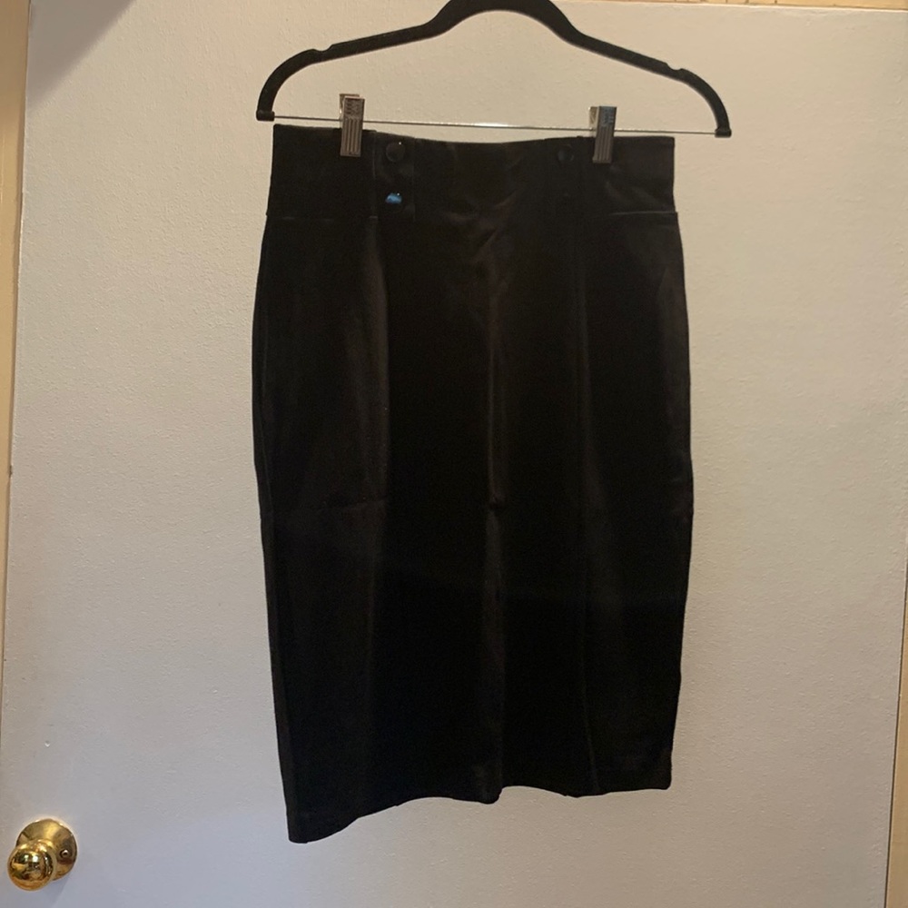 Premise, S, black knee length pencil skirt with button detail on waist